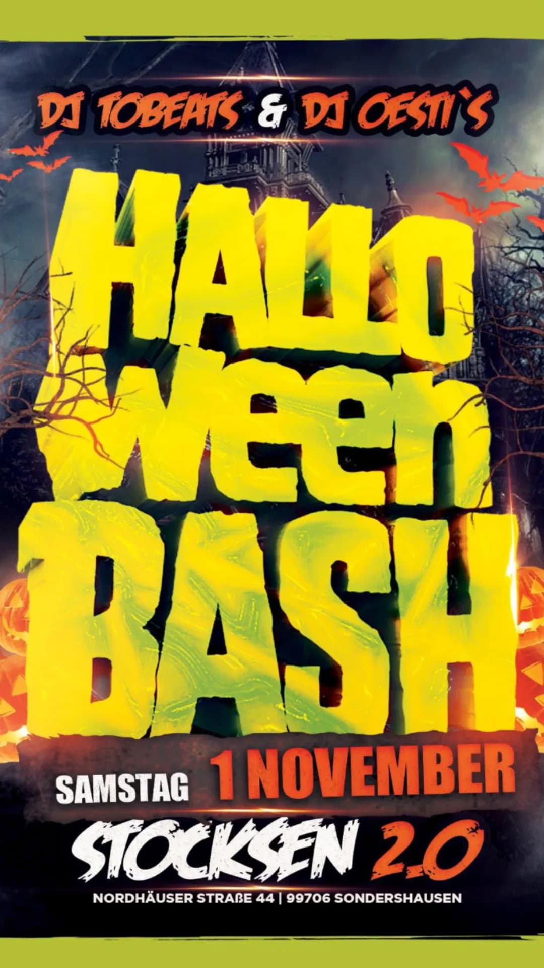Flyer: HALLOWEEN BASH 2.0 – Stocksen Nordhäuser Straße 44 99706 Sondershausen – 4AM Techno Event
