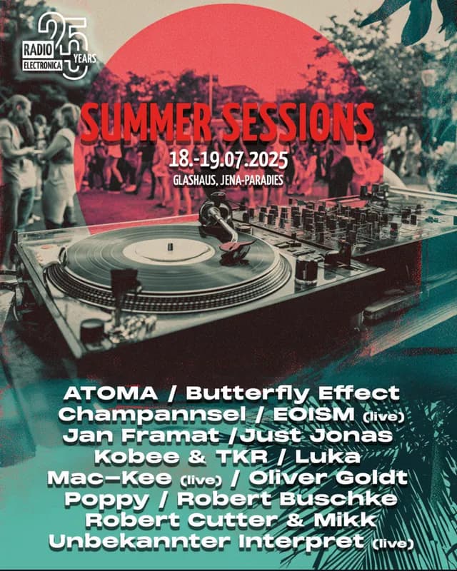Flyer: Radio Electronica - Summer Sessions – Glashaus, Rasenmühleninsel, Volkspark Oberaue, Jena – 4AM Techno Event